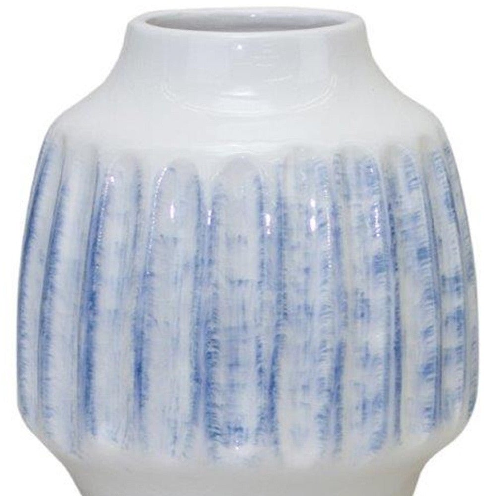 Set of Two White and Blue Ceramic Striped Round Table Vase - Marsh and Manor Collective