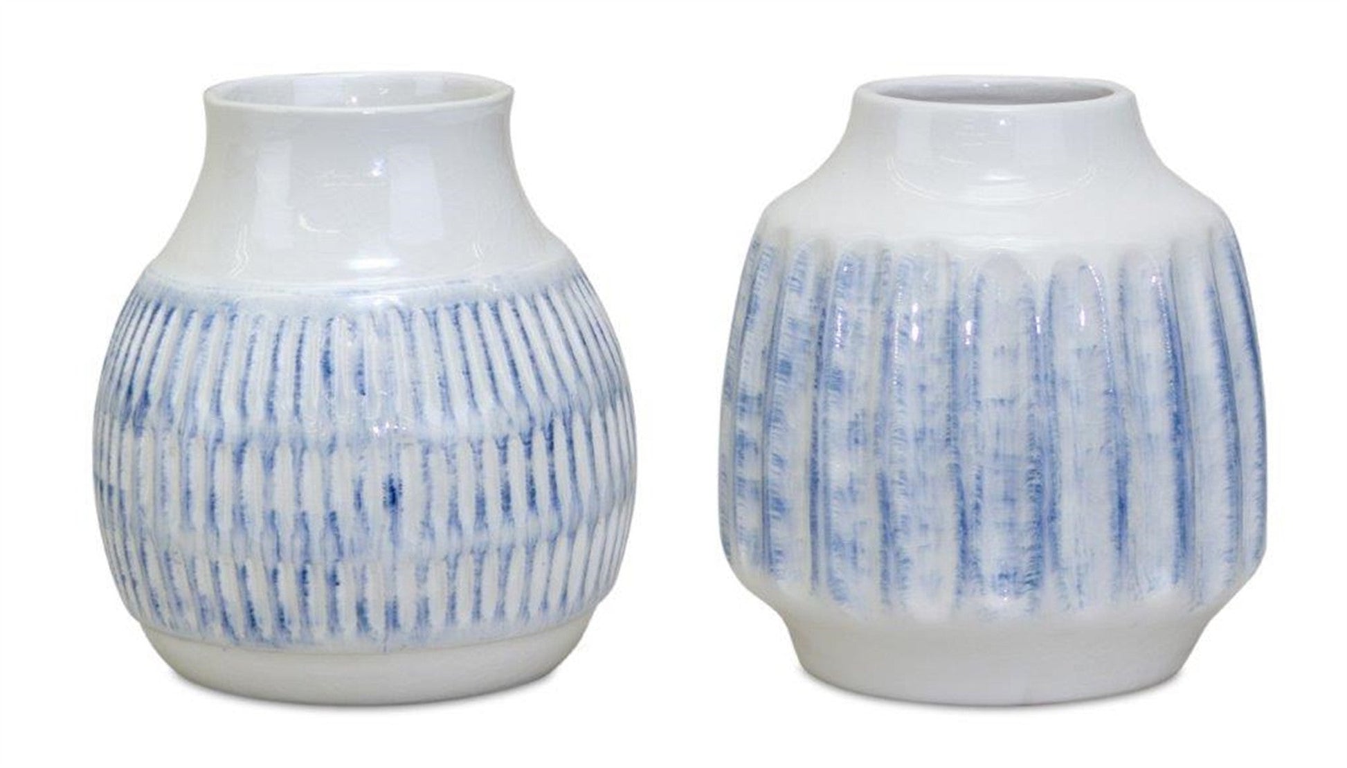 Set of Two White and Blue Ceramic Striped Round Table Vase - Marsh and Manor Collective