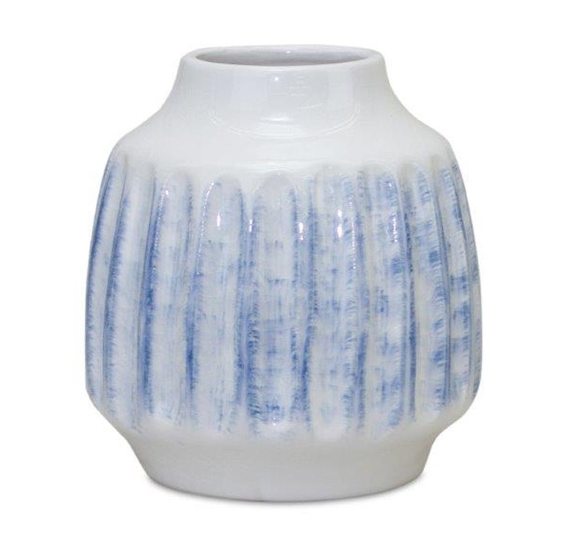 Set of Two White and Blue Ceramic Striped Round Table Vase - Marsh and Manor Collective