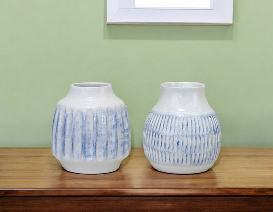 Set of Two White and Blue Ceramic Striped Round Table Vase - Marsh and Manor Collective