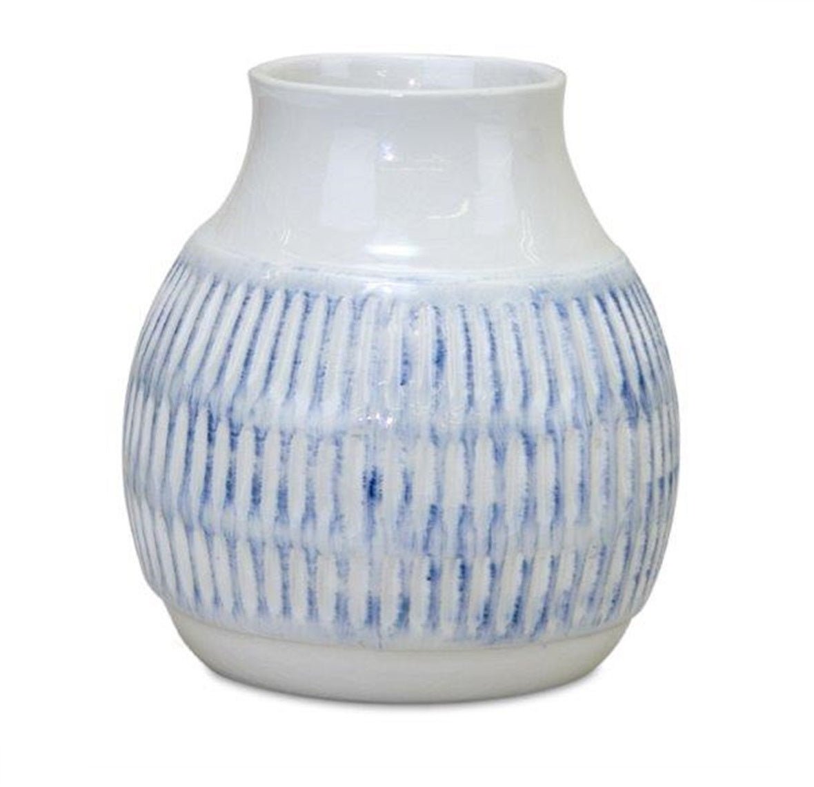 Set of Two White and Blue Ceramic Striped Round Table Vase - Marsh and Manor Collective