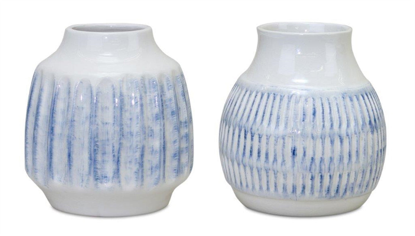 Set of Two White and Blue Ceramic Striped Round Table Vase - Marsh and Manor Collective