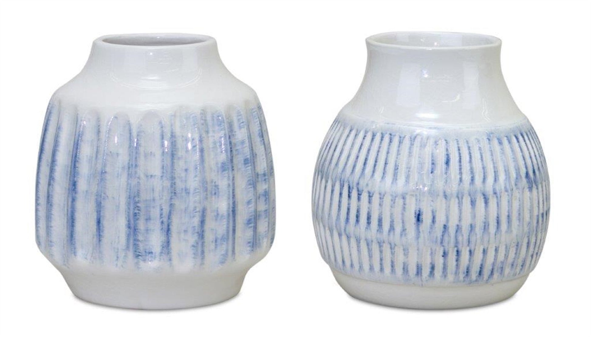 Set of Two White and Blue Ceramic Striped Round Table Vase - Marsh and Manor Collective