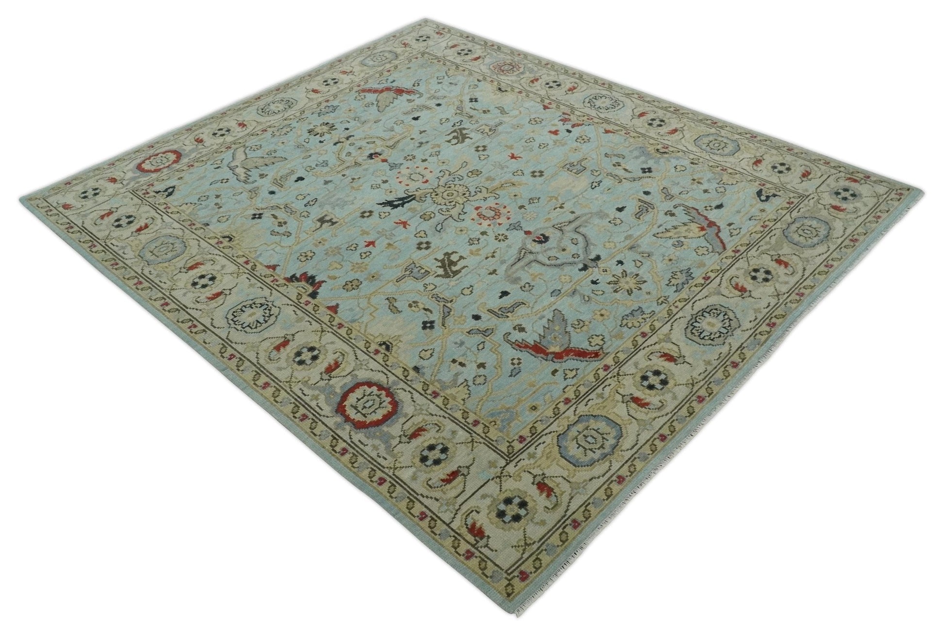 Traditional Aqua and Beige Hand knotted Oriental Oushak Custom Made wool Area Rug - Marsh and Manor Collective