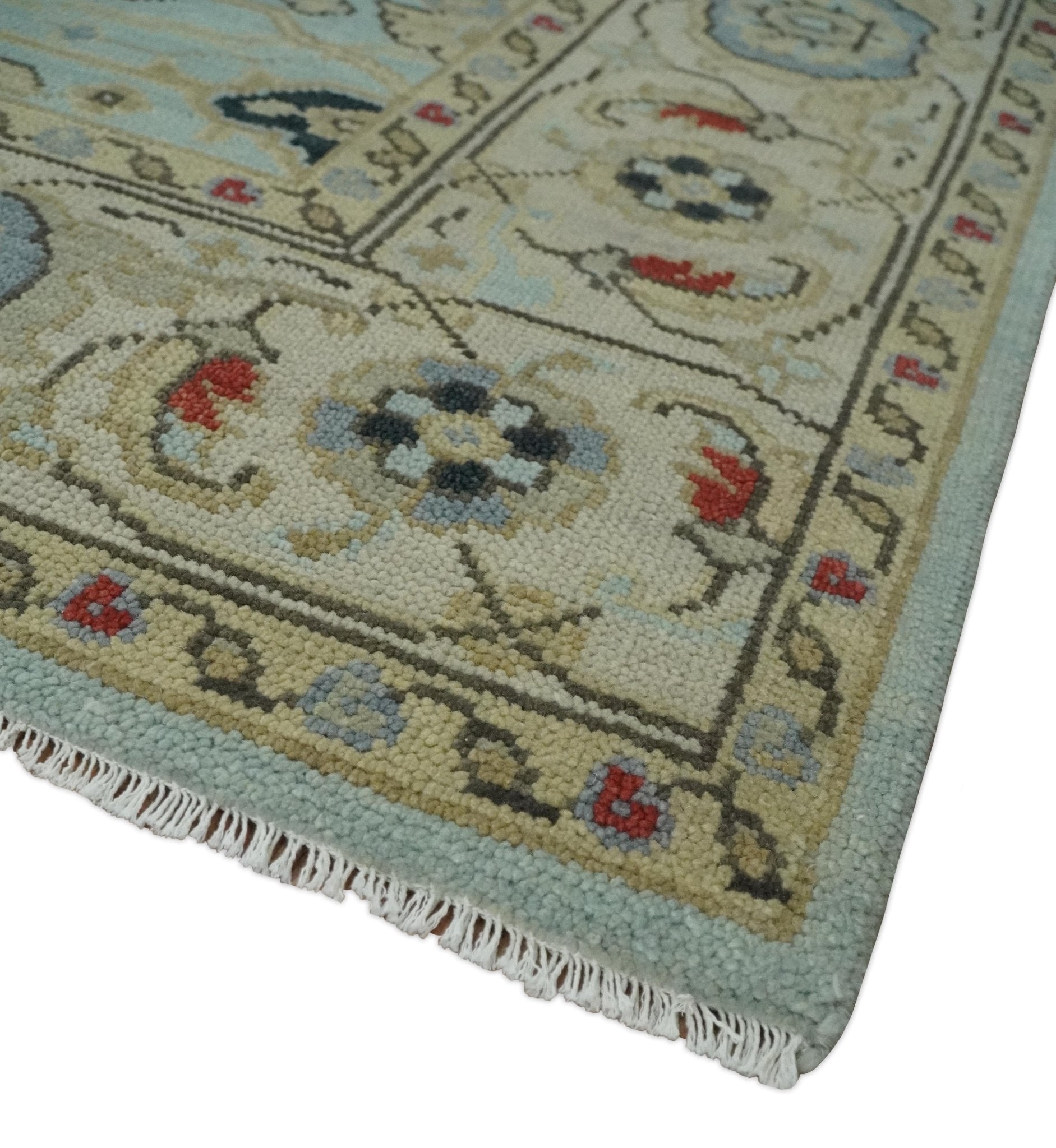 Traditional Aqua and Beige Hand knotted Oriental Oushak Custom Made wool Area Rug - Marsh and Manor Collective
