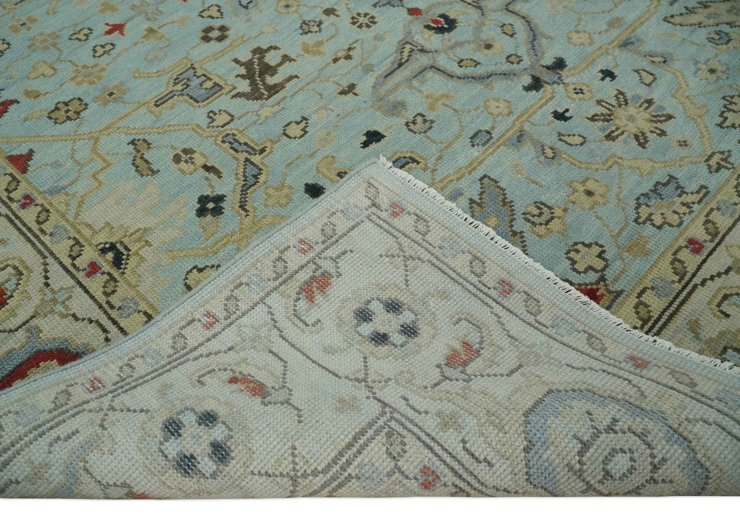 Traditional Aqua and Beige Hand knotted Oriental Oushak Custom Made wool Area Rug - Marsh and Manor Collective