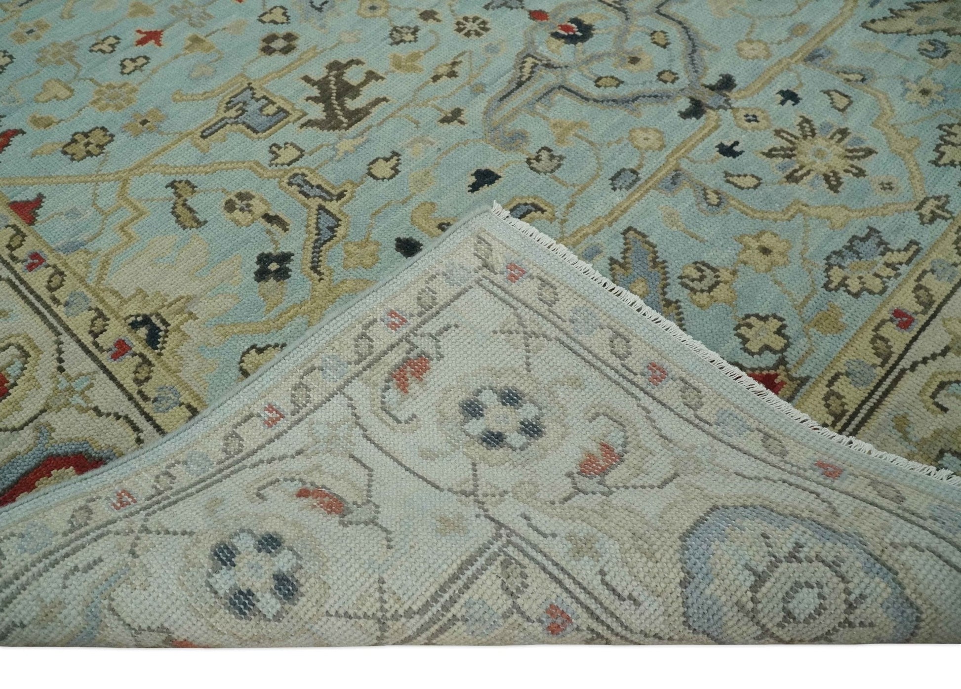 Traditional Aqua and Beige Hand knotted Oriental Oushak Custom Made wool Area Rug - Marsh and Manor Collective