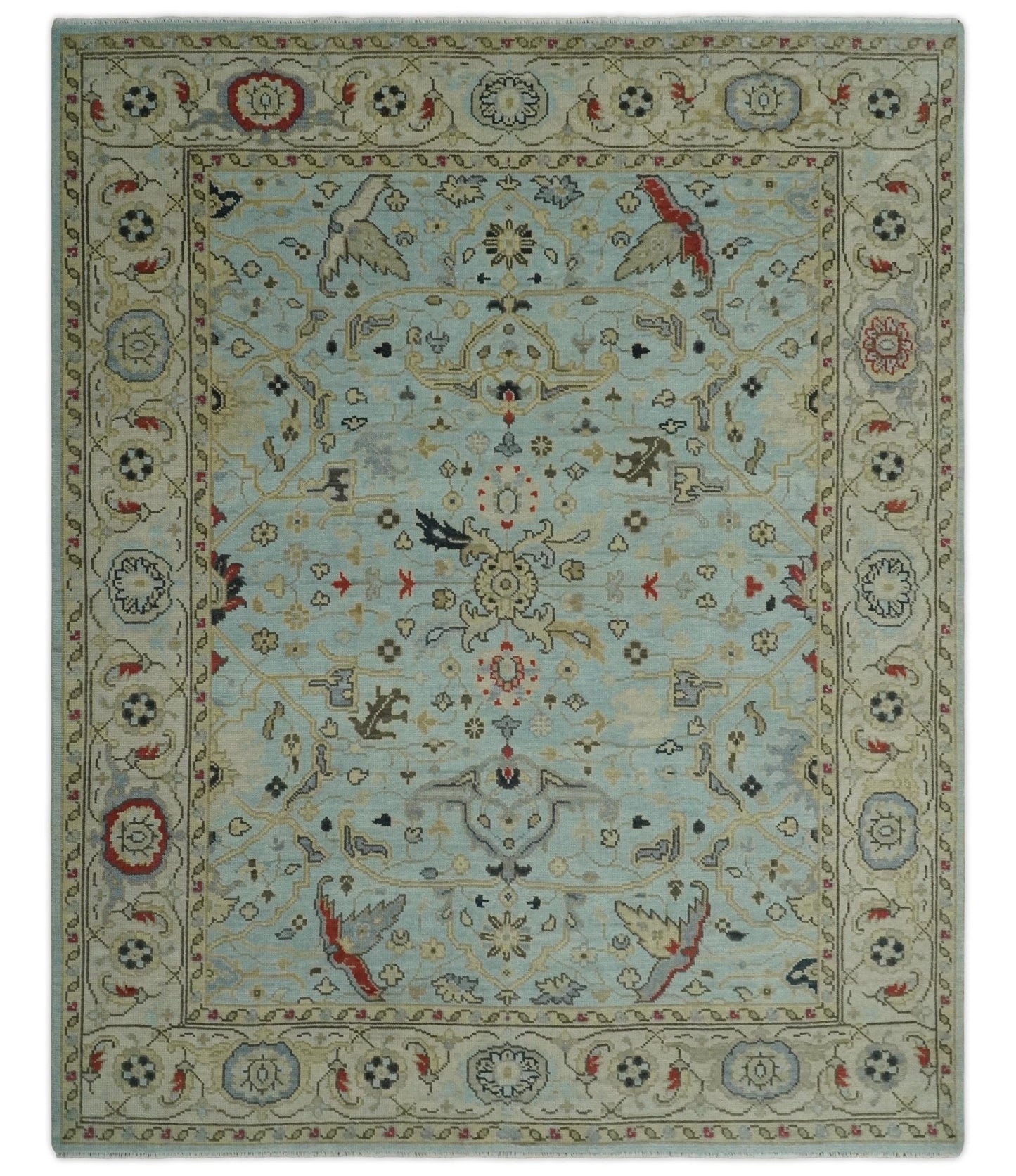 Traditional Aqua and Beige Hand knotted Oriental Oushak Custom Made wool Area Rug - Marsh and Manor Collective