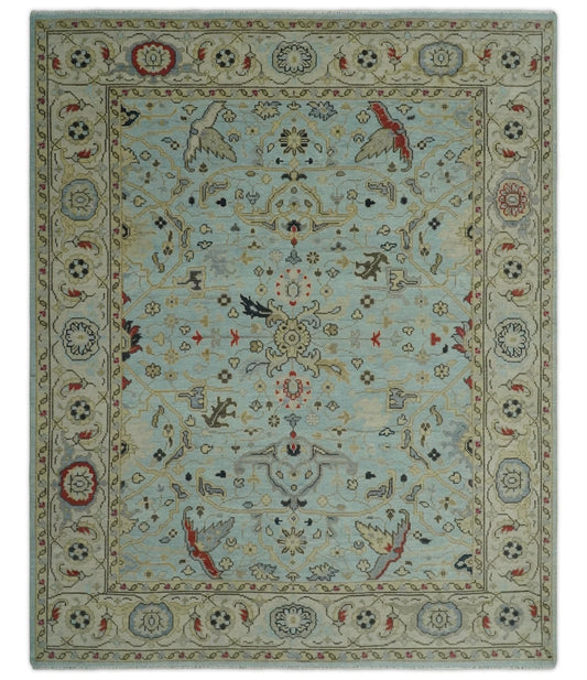 Traditional Aqua and Beige Hand knotted Oriental Oushak Custom Made wool Area Rug - Marsh and Manor Collective